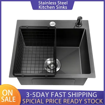 Black Nano Wash Basin Single Sink creative Stainless Steel Kitchen Sinks Drain Set Home Handmade Wash Basin Kitchen Accessories