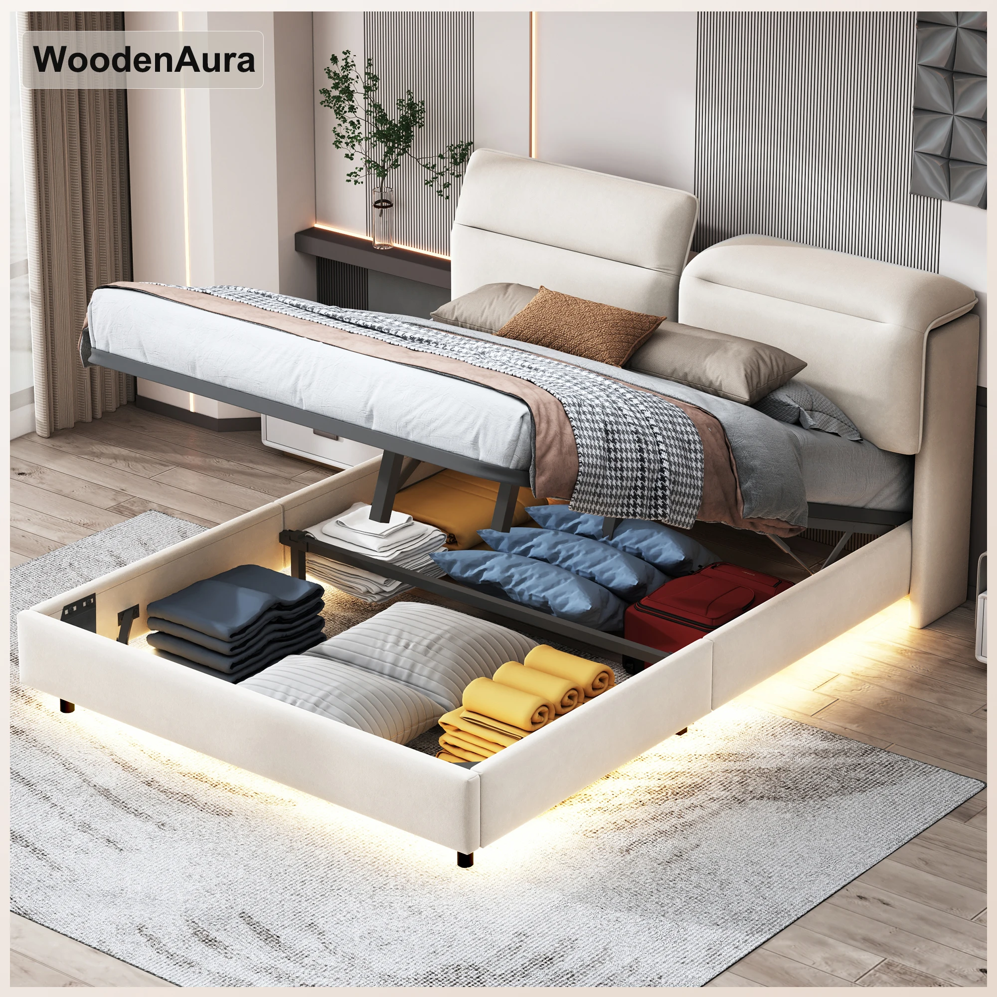 WoodenAura Bett 160 x 200 cm mit Lattenrost, Bett 160x200 cm mit Stauraum und Kopfteil, Bett mit LED-Beleuchtung und Stauraum