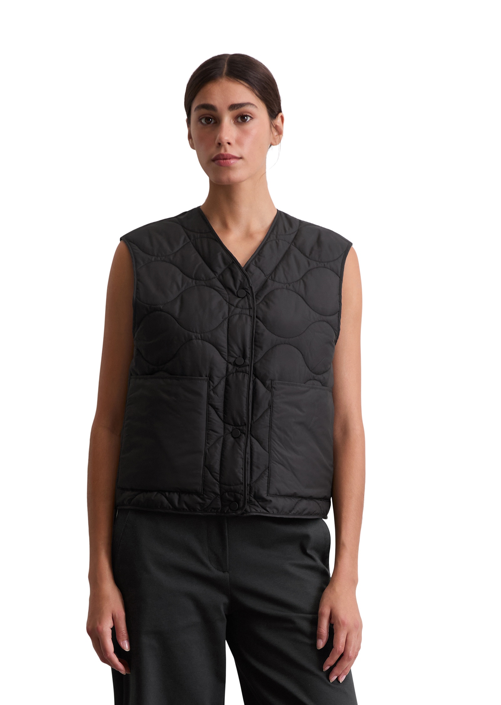 Steppweste MARC O'POLO "aus recyceltem Polyester", Damen, Gr. 38, schwarz, Obermaterial: 100% Polyester; Füllung: 100% Nicht verfügbar; Futter: 100% Nicht verfügbar, unifarben, regular fit, Westen Image