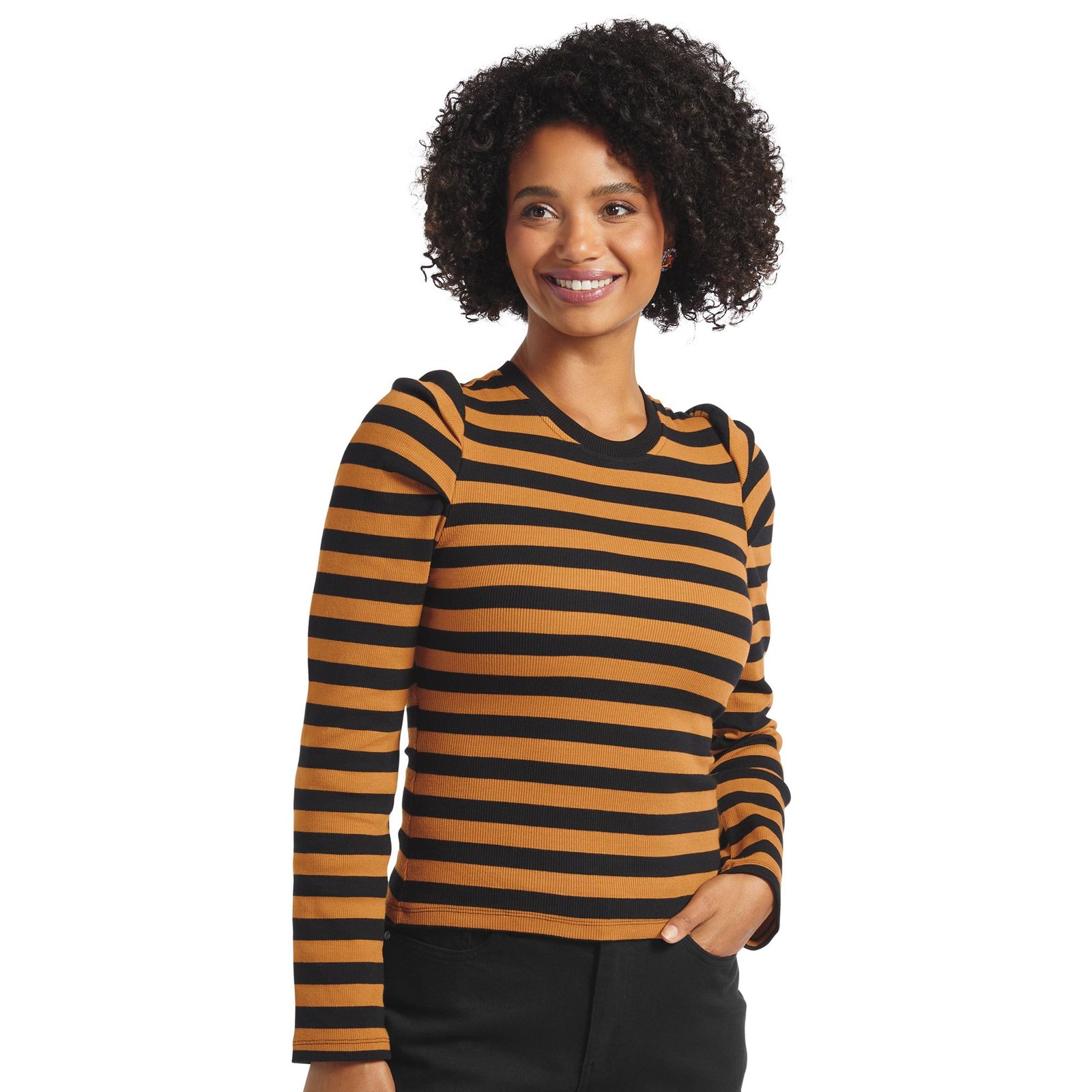 Masseys Ribbed Puff Long Sleeve Tee (Size S) Black/Chestnut/Stripe, Cotton,Elastine