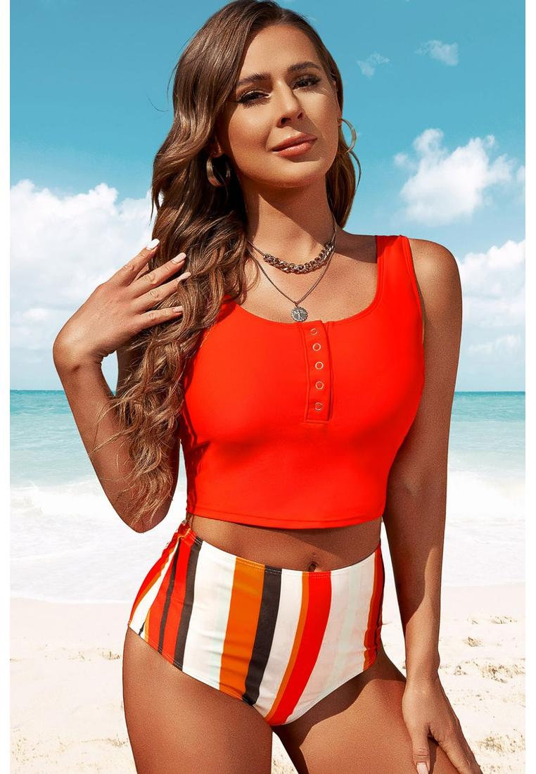 Tankini-Set mit halbem Druckknopf und quadratischem Ausschnitt und hoher Taille Image