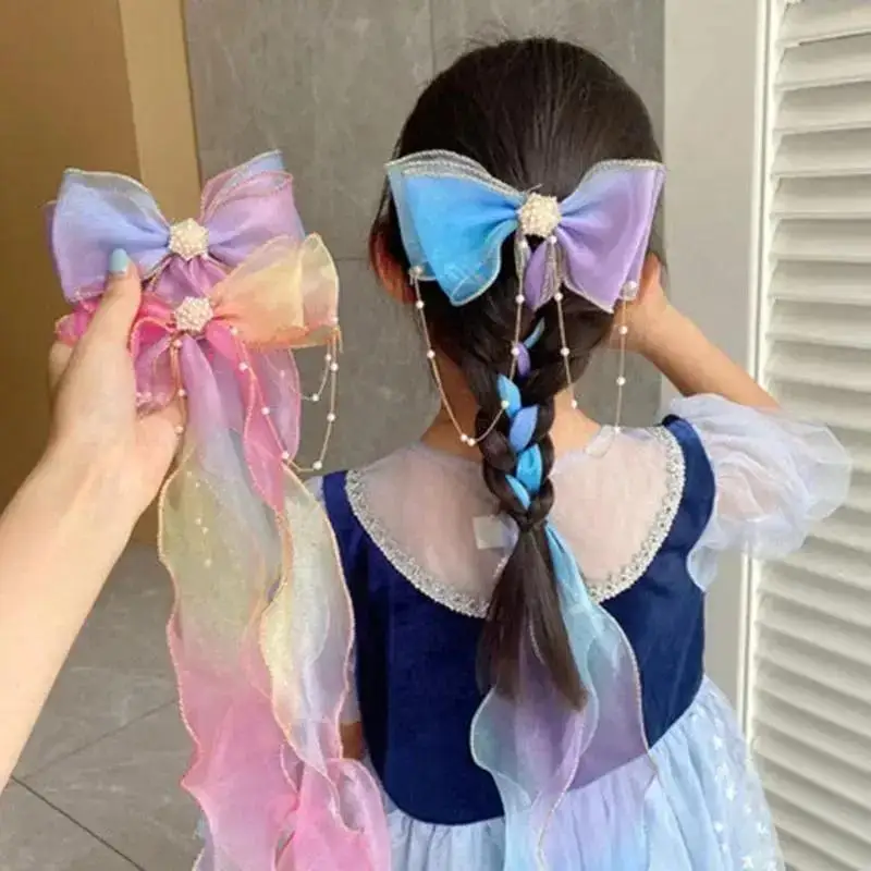 Mode Haar Zubehör Neue Mädchen Nette Perle Bunte Chiffon Bogen Band Haarnadeln Kinder Süße Haar Clips Für Mädchen Image