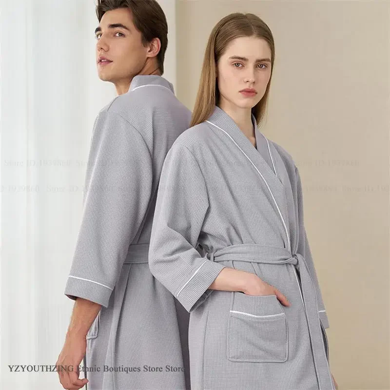 Plus Größe Waffel Paar Bademantel Kimono Kleid Frühling Herbst Neue Robe Negligé Nachtwäsche Lose Beiläufige Liebhaber Nachtwäsche Loungewear Image