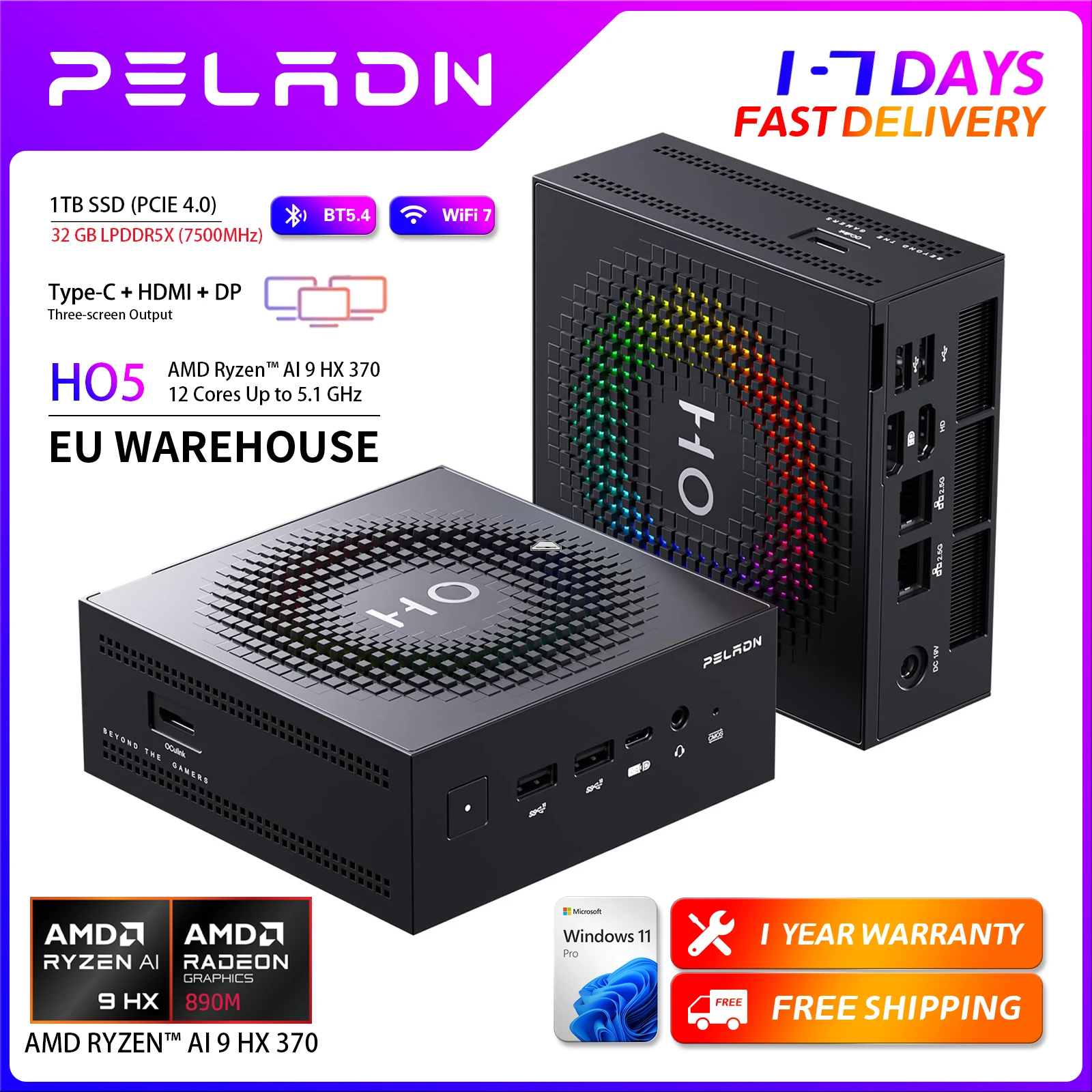 PELADN Gaming-Mini-PC AMD Ryzen AI 9 HX 370 (12 Kerne, bis zu 5,1 GHz), 32 GB LPDDR5X 1 TB PCIe 4.0 SSD Dual 2,5 G LAN USB4 20 Gbit/s Typ-C/DP/HD Mini-Desktop-Computer WiFi7 4K/60 Hz Dreifach-Display Image