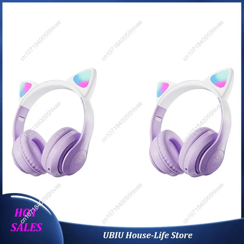 2X Cute Cat Gradient Wireless Headsets LED-Licht Bluetooth-Kopfhörer mit Mikrofon Lila-Bestseller Image
