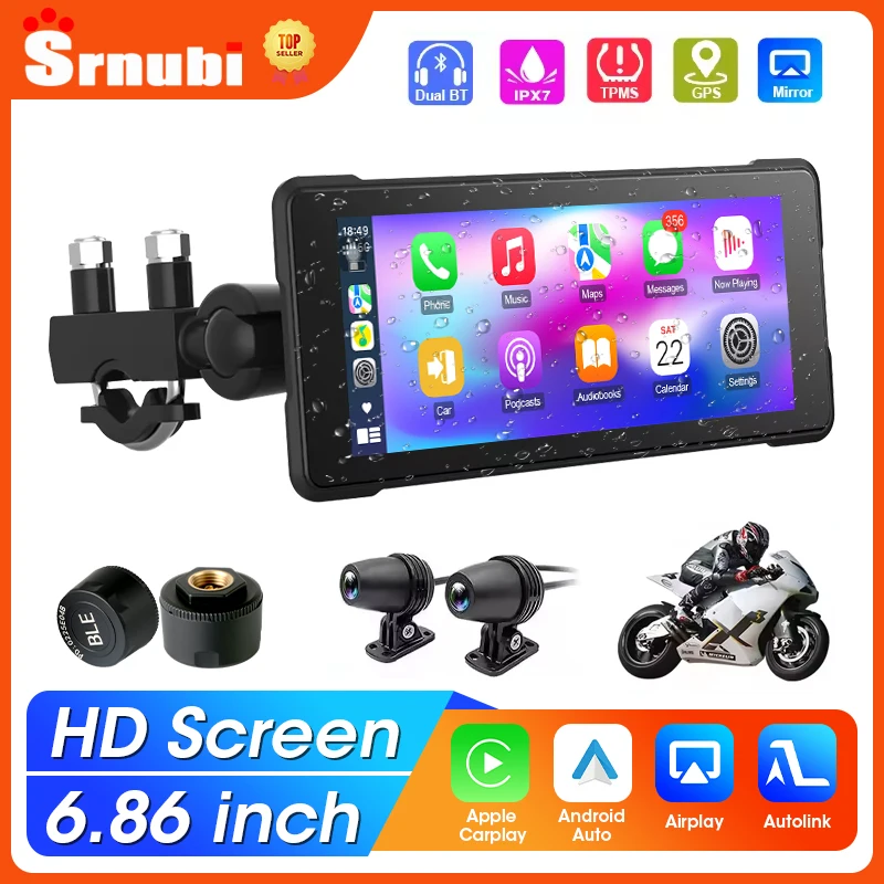 Tragbare 6,86 zoll Motorrad GPS Navigation IP67 Wasserdichte Moto Monitor Drahtlose Carplay Android Auto DVR Stick Recorder WIFI Image