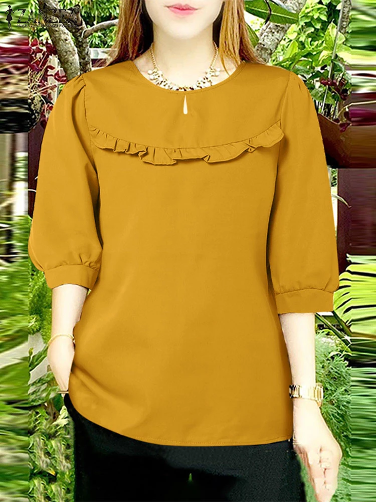 2023 ZANZEA Frauen Sommer Rüschen Blusas Casual Lose Feste Bluse Mode 3/4 Hülse O-ansatz Tunika Vintage Urlaub Grundlegende Tops