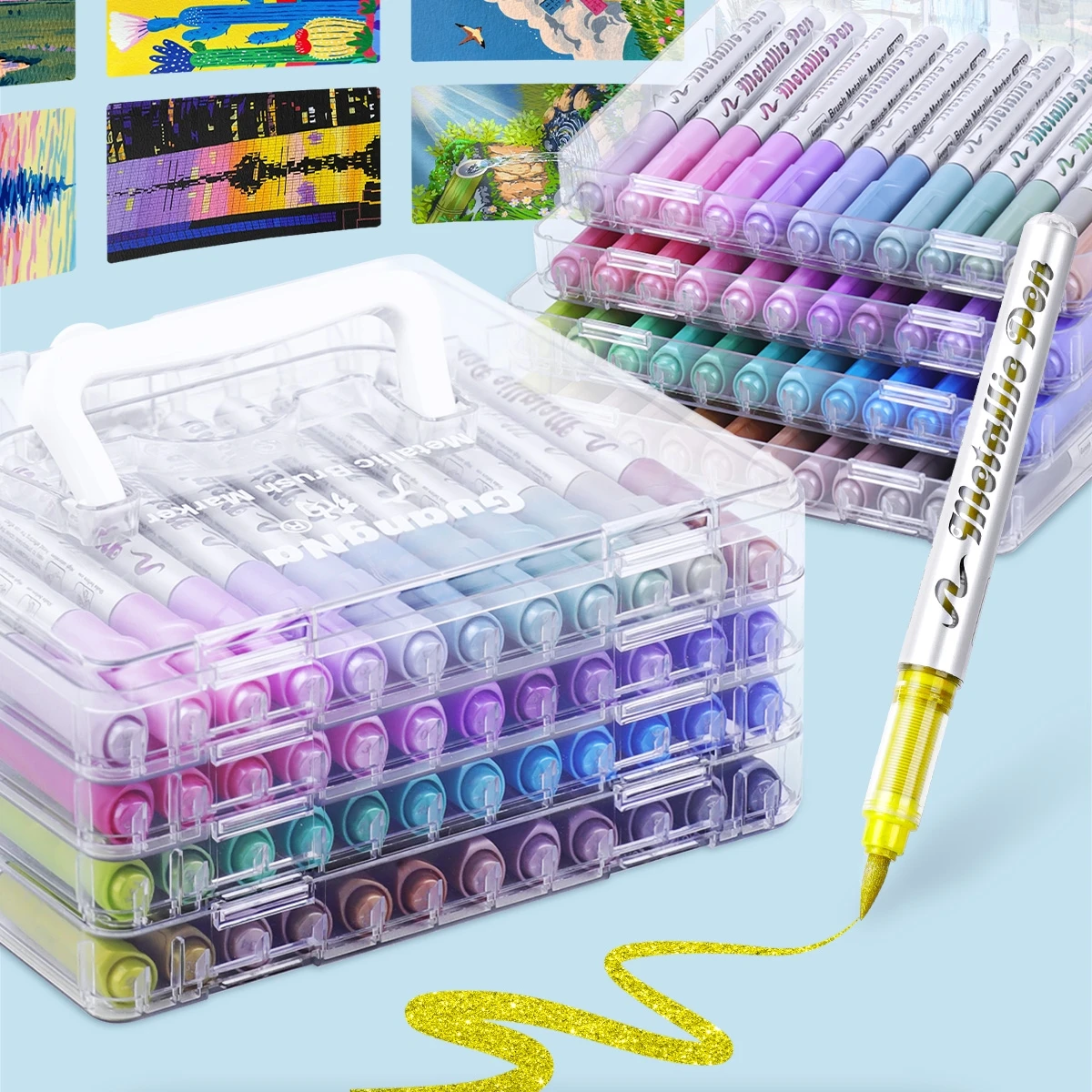 Metallic-Pinsel-Markierungsstifte, automatische Tintensteuerung, Acrylfarbe, Metallic-Stifte, Kunstmarker mit geschichteter Aufbewahrungsbox, Pinselspitze Image