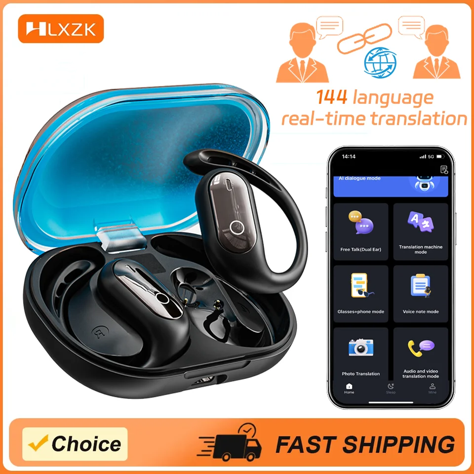 Kabelloser Kopfhörer, nachtleuchtende Bluetooth-Ohrhörer, 144 Sprachen, Echtzeit-Übersetzungskopfhörer, Open-Ear-Headset für Sportspiele Image