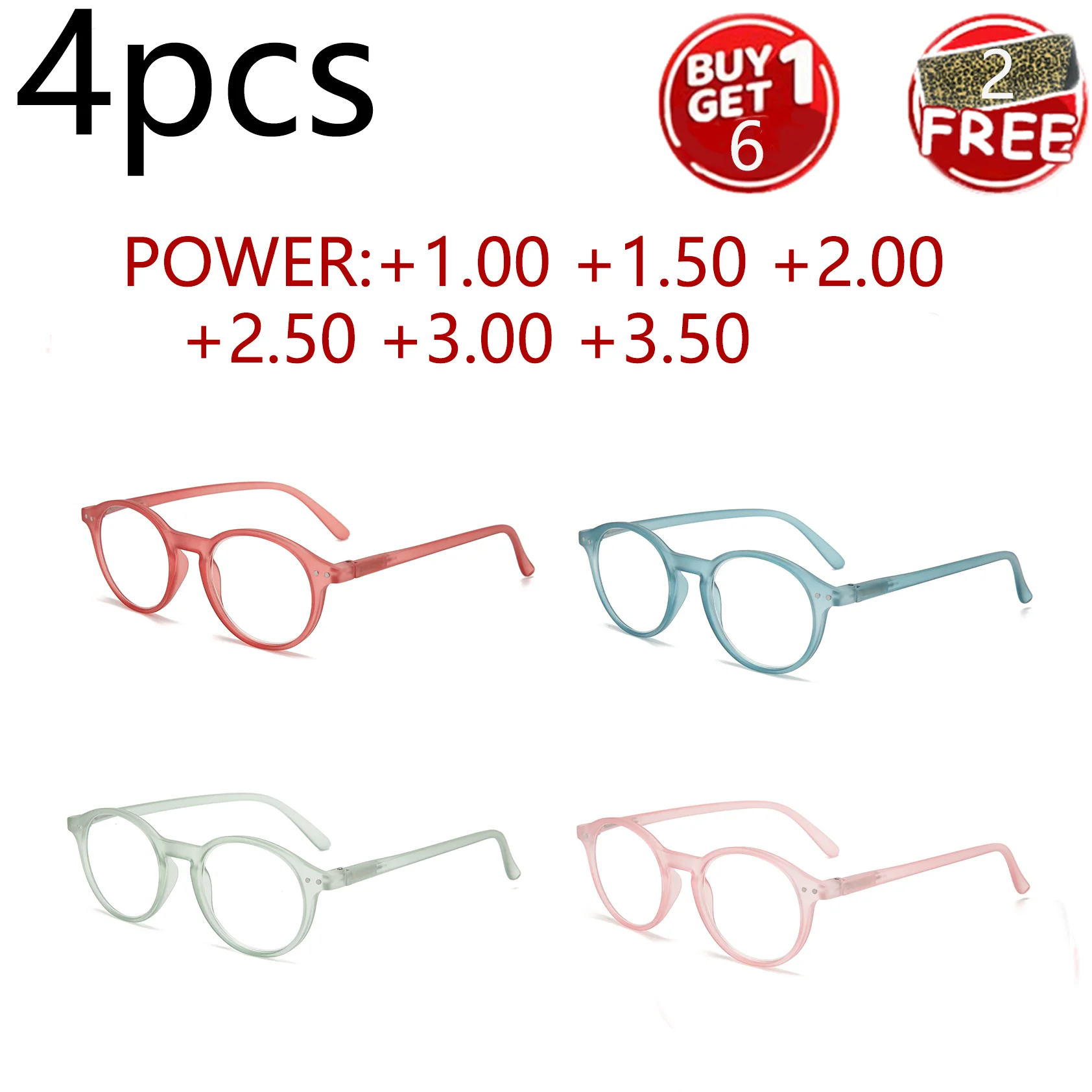 6 Stück solide, matte, runde Lesebrille: leicht, Federscharniere, bequeme Passform, Leistung 1,00–3,50 Image