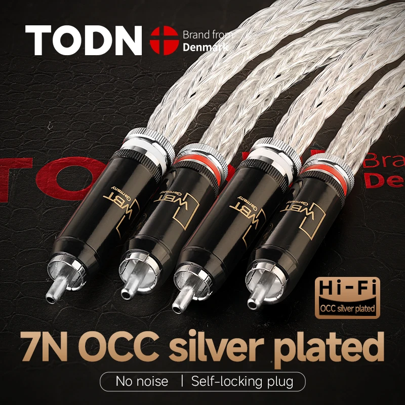 TODN 1 Paar RCA-Kabel, versilbert, 7N OCC, HiFi, 2 RCA auf 2 RCA, High-End-Audiokabel für Verstärker, DAC, DAP, TV, Auto-Stereo-Mixer Image