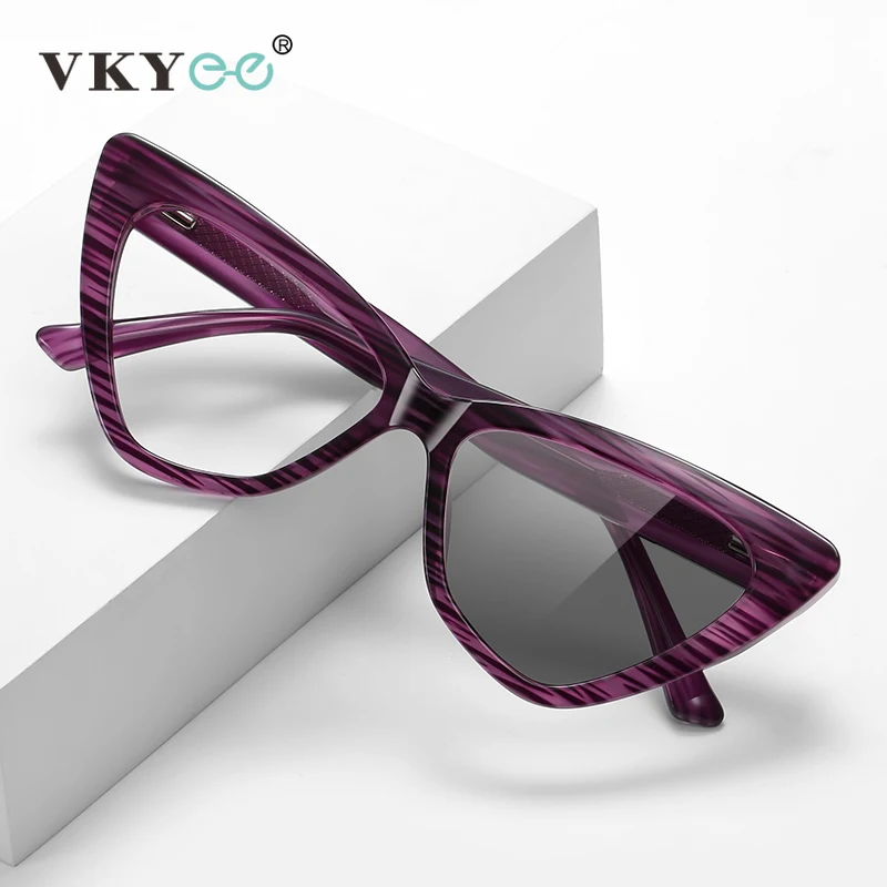 VKYEE Klassische Cat Eye Transparente Streifen Anti-Blau Licht Lesebrille Frauen Anpassbare Photochrome Rezept LS030 Image