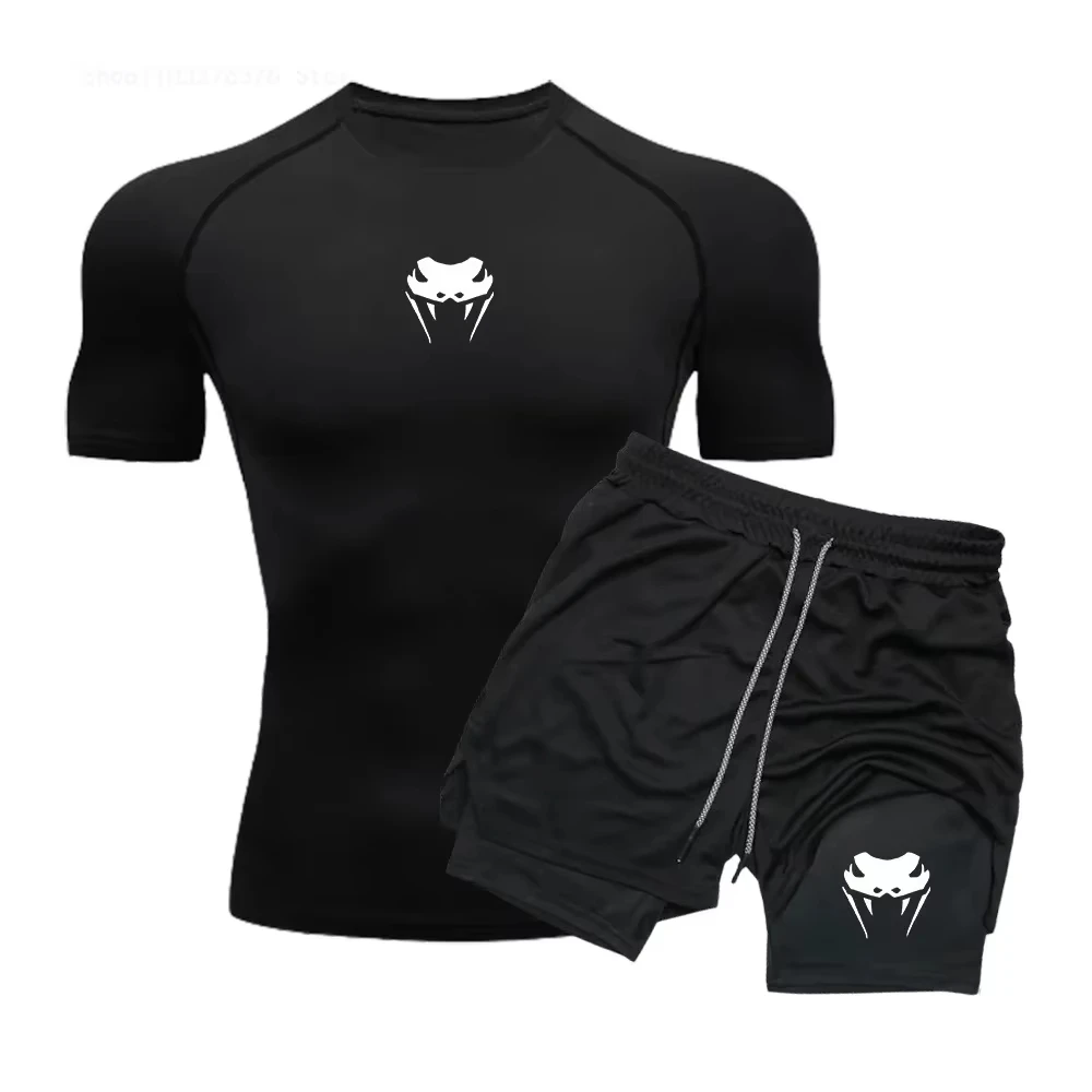 Vêtements de fitness athlétiques à compression pour hommes – Short double couche serré à manches courtes à séchage rapide, ensemble d