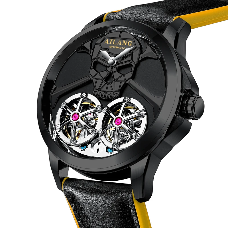 Punk Steam Skull Zwei Tourbillon Design Mann Uhr Hohl Automatische Mechanische Wasserdicht männer Automatische Armbanduhr Für Männer