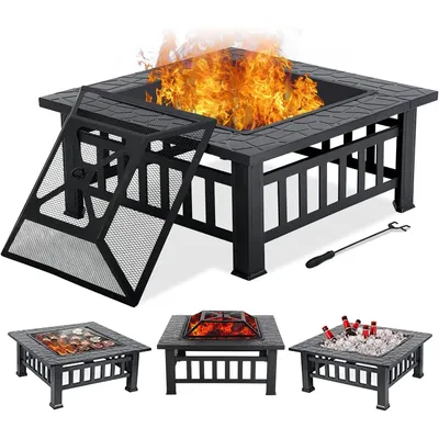32" Fire Pit Table for Outside,Outdoor Fire Pit Square Wood Burning with Spark Screen Fire Poker for Camping,Backyard,Patio