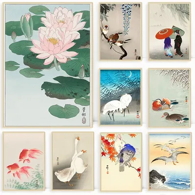 Ohara Koson Japanese Ukiyo Wall Art Poster Vintage Goldfish Lotus Owl Crane Canvas Painting for Guest Room Home Bar Cafe Deco