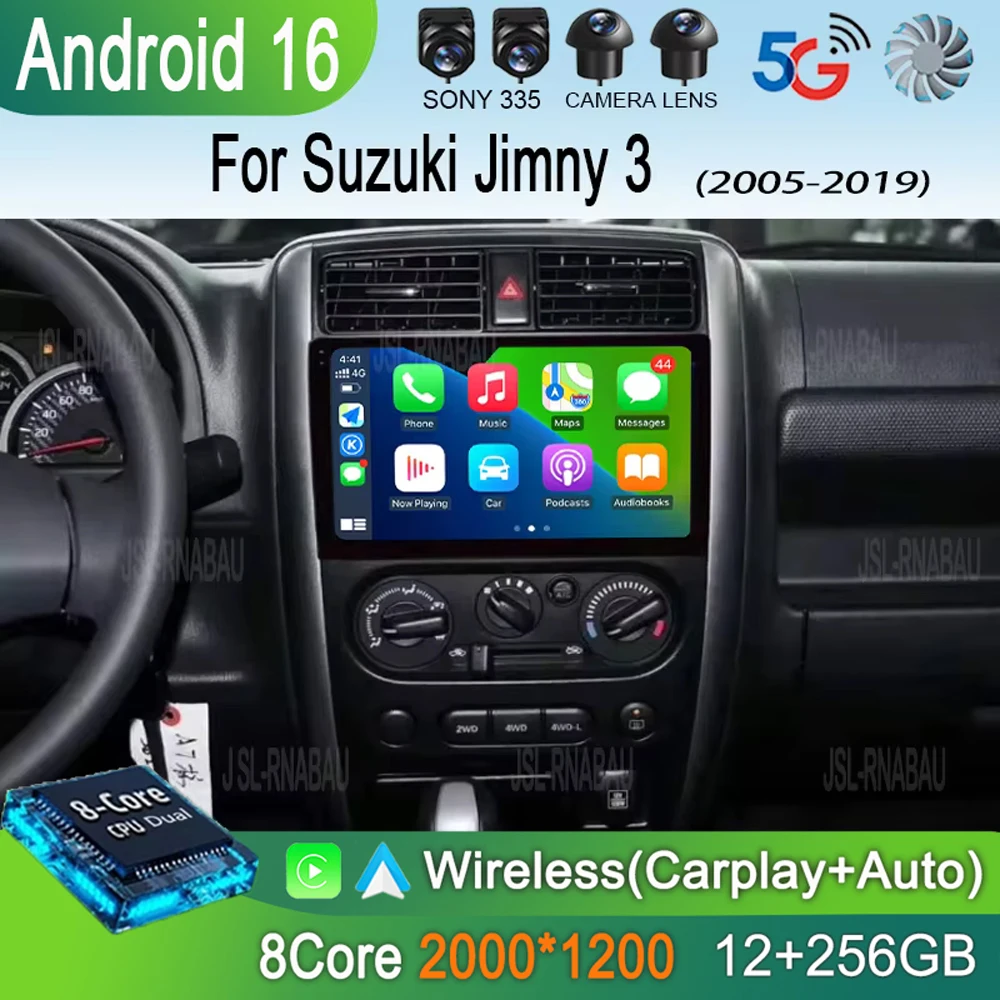 Autoradio Android 16 con Carplay, Lettore Multimediale Video per Suzuki Jimny 3 2005-2019, RDS 4G 2din GPS Navigazione Telecamera 360 QLED