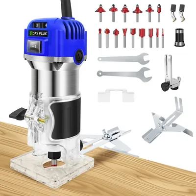 Electric Palm Router Tool,6 Variable Speed Wood Router with 15PCS 1/4" Router Bits,Wood Trimmer Routers Woodworking,Blue