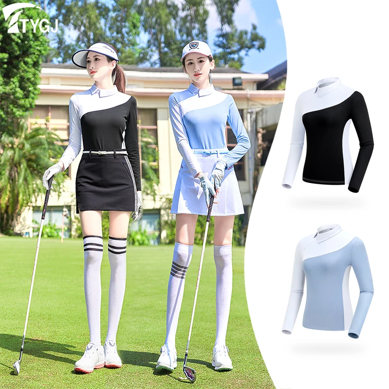TTYGJ Women Elastic Golf Polo Shirt Ladies Patchwork Full Sleeve T-shirt Women Quick Dry Slim Workout Tops Zipper Golf Clothing