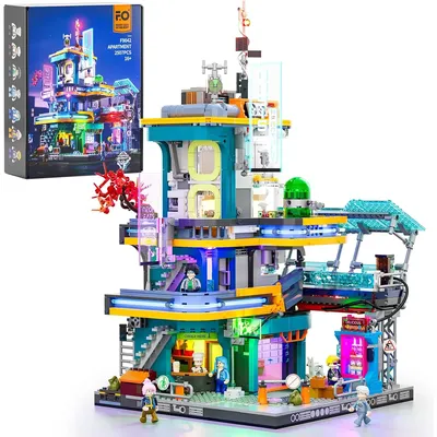 FUNWHOLE Cyberpunk Mansion Lighting Building-Bricks Set - 2524 Pcs Future City Modular Buildings Set With Color Box