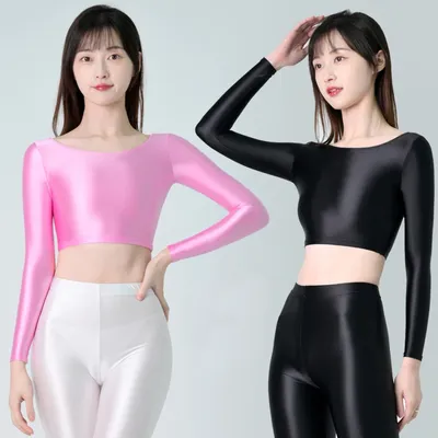 Women's Sexy round Neck High Stretch Satin Tops Smooth Glossy Shiny Long Sleeve Yoga Fitness Blouse Short Length T-shirt MJINM