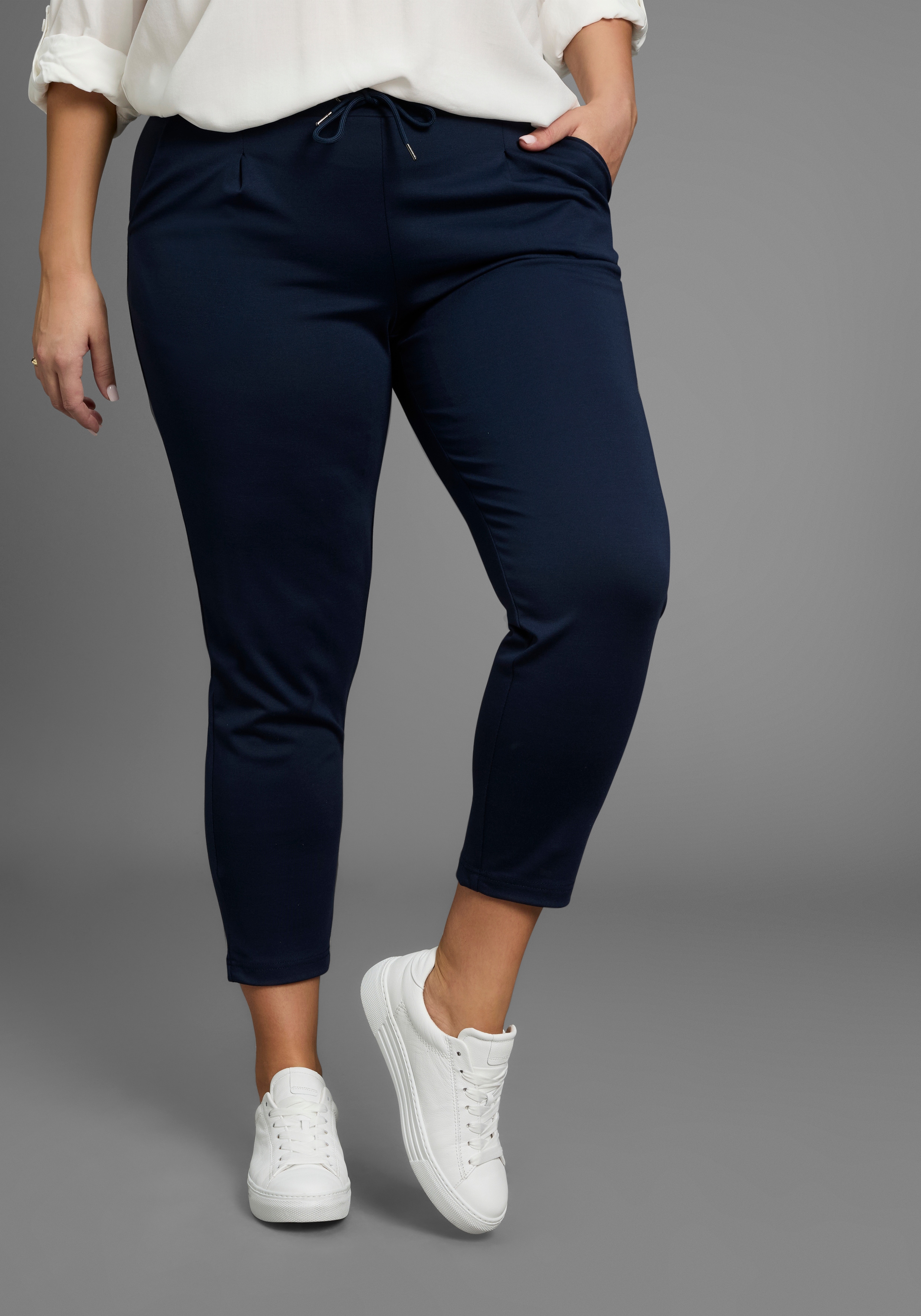 Jogger Pants LAURA SCOTT CURVE, Damen, Gr. 46, N-Gr, blau (navy), Milano Rib, Obermaterial: 65% Viskose, 30% Polyester, 5% Elasthan, unifarben, Basic, figurumspielend knöchellang, Hosen, im sportiven Look aus formstabilem, elastischem Stoff - GROSSE...