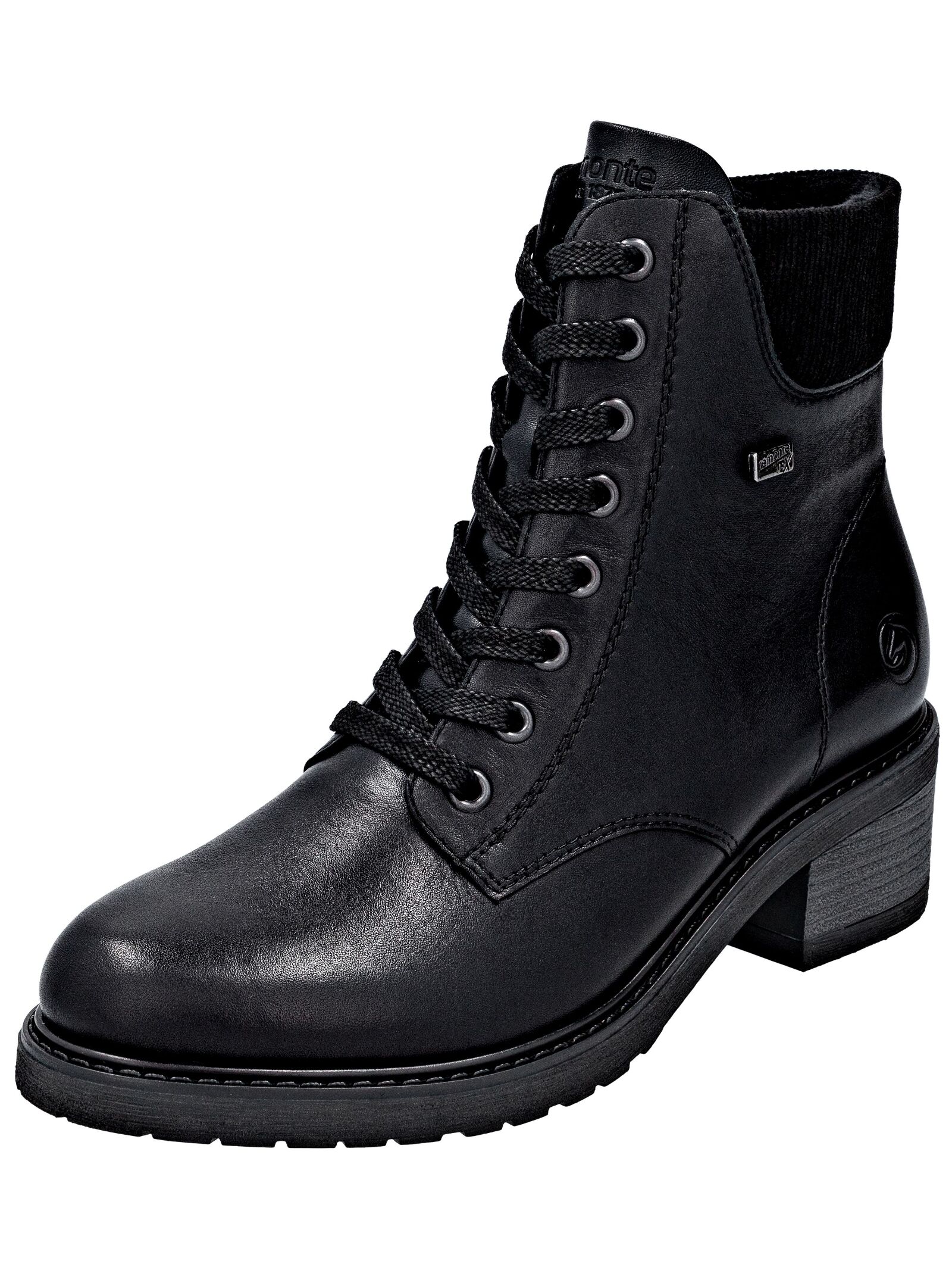 Schnürstiefelette REMONTE "Remonte Stiefelette Leder/Synthetik", Damen, Gr. 39, schwarz (schwarz, schwarz), Leder, Synthetik, Schuhe Schnürstiefelette