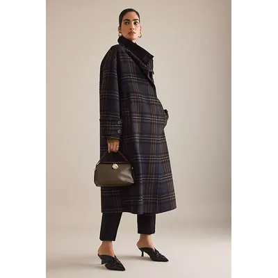 By Anthropologie Wool-Blend Check Funnel-Neck Coat