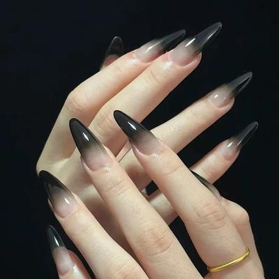 24pcs Glossy Black Gradient Long Stiletto Press On Nails Elegant False Nails for Women and Girls, Halloween Nails