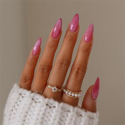 Dark Red Press on Nails Cat Eye Burgundy Glitter Press on Nails Almond Medium Sparkly Shiny Fake Nails Set Cute Bling Glue on Nails Medium Length for Women Holiday Gothic Design 24Pcs