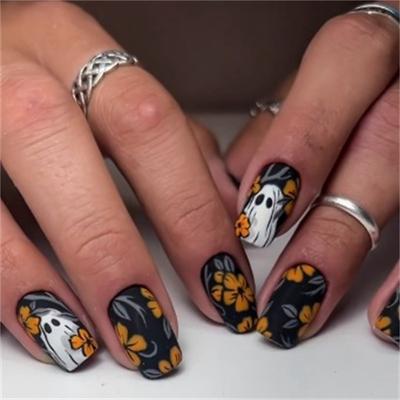 Halloween Yellow Flowers Press on Nails Short Square Fake Nails with Cute Little Ghost Designs Black Matte Artificial Nails Full Cover Stick on Nails Halloween Glue on Nails for Women Nail Art DIY
