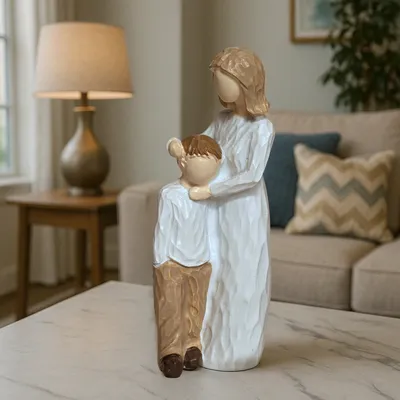 Willow Tree Mother and Son Resin Sculpture, Son and Daughter Resin Sculpture, Hand Painted Figurine with Serene Expression,