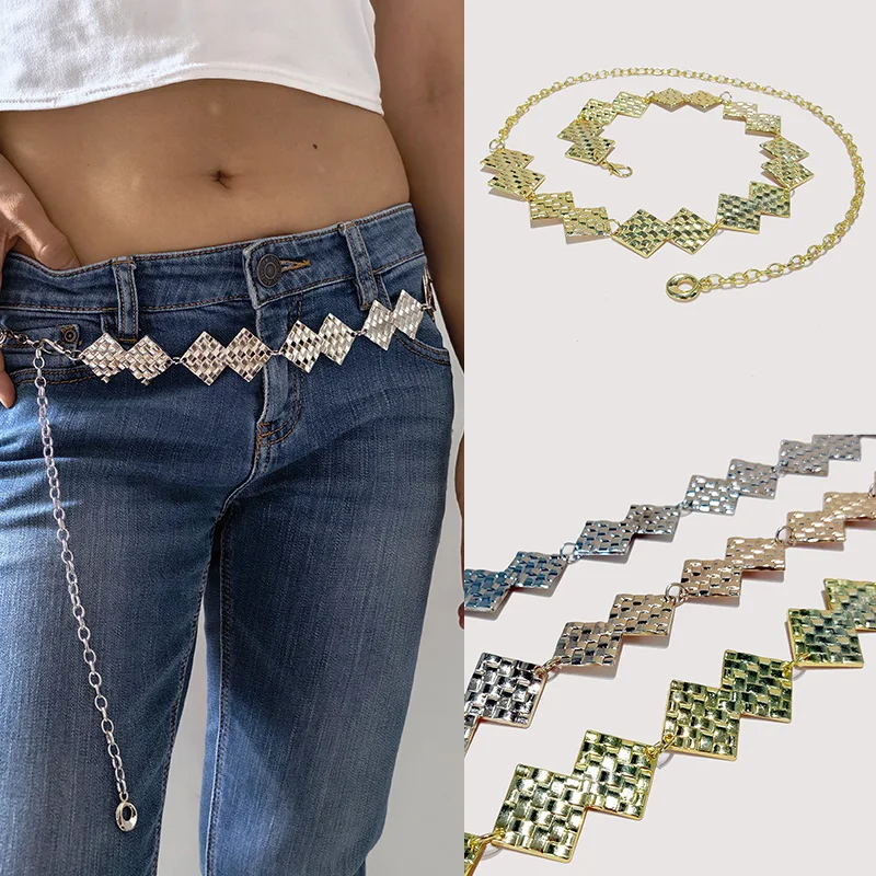 High-End-Luxus-Designer-Metall-Damen-Kette mit langer Taille, verstellbar, langlebig, Retro-Gold/Silber, kariert, eleganter Kettengürtel für Frauen