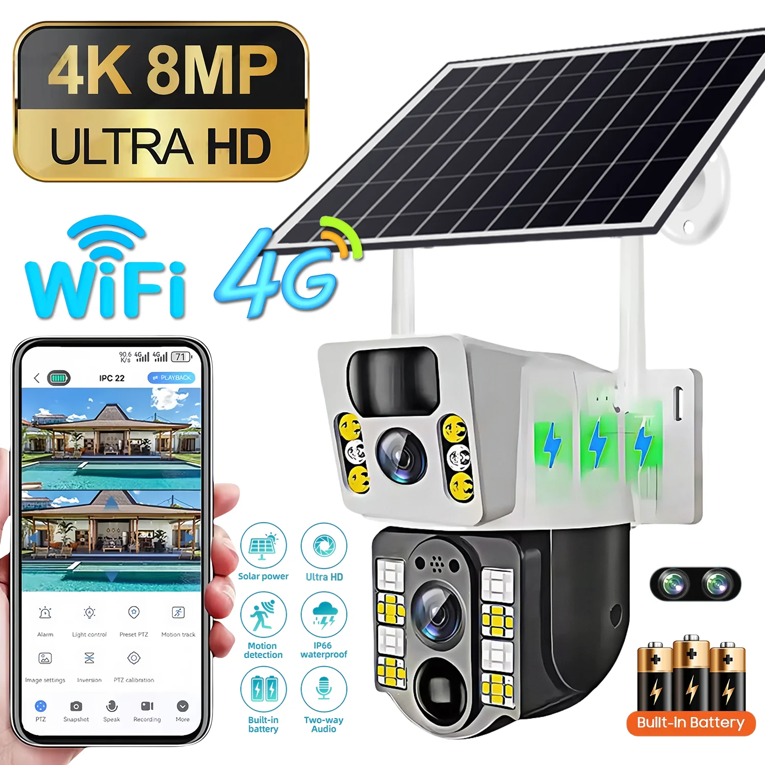 4G/WiFi Solarkamera Dual Linsen Outdoor 8MP 4K Low Power Batterie IP Kamera PIR Nachtsicht V380 Pro CCTV Sicherheit Schutz Image