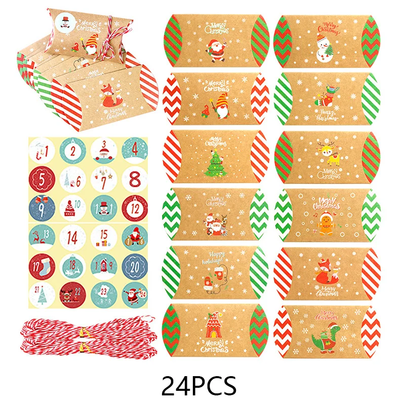 24 Stück festliche Weihnachtskissen-Geschenkboxen mit Weihnachtsmann- und Schneeflocken-Designs, ideal für Süßigkeiten, Adventskalender und Feiertags-Partygeschenke Image