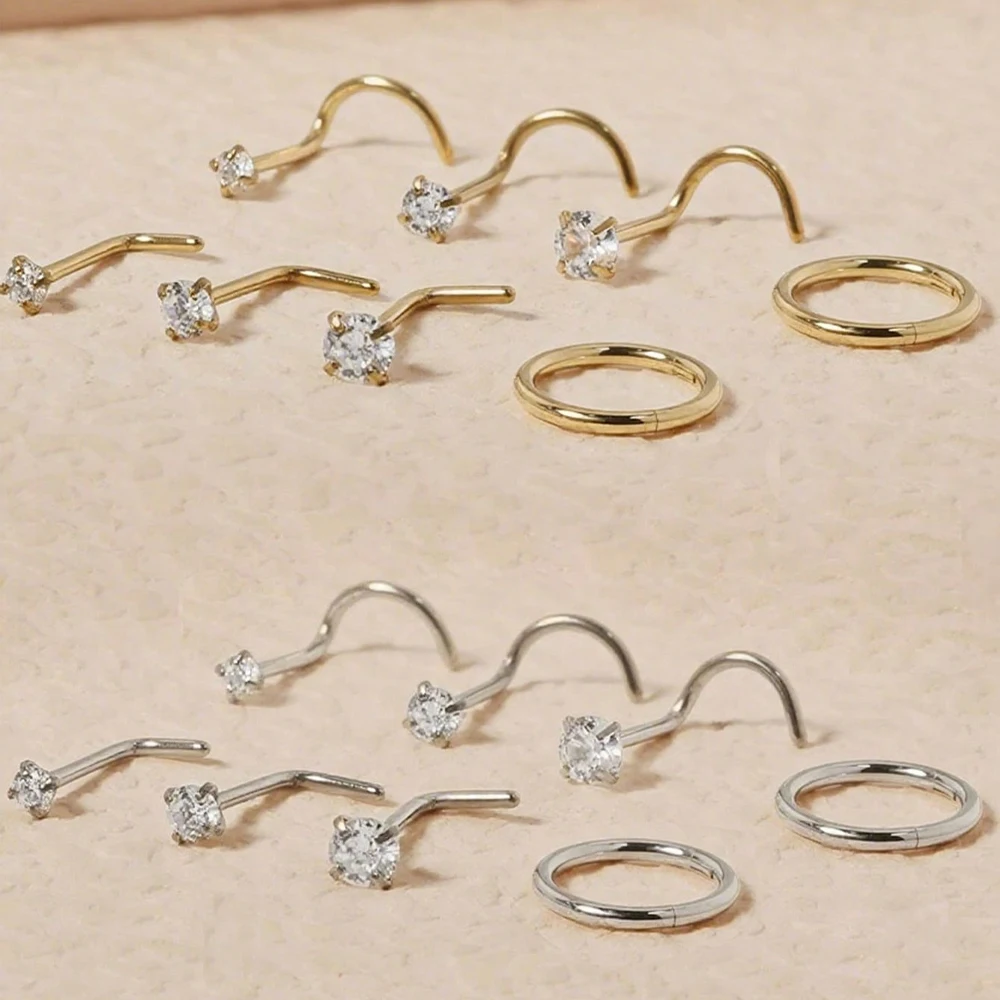 8 Stück Nasenstecker aus Edelstahl, Nasenring zum Aufklicken am Ohr, Nasenring, hypoallergene Nasenreifen, L-förmige Nasenstecker Image
