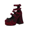 Gothic Damen Mary Jane Schuhe Lolita Plateau Kleid Pumps mit Schleife Rot Schwarz Chunky Heels Schnallen Dekor für Party Cosplay