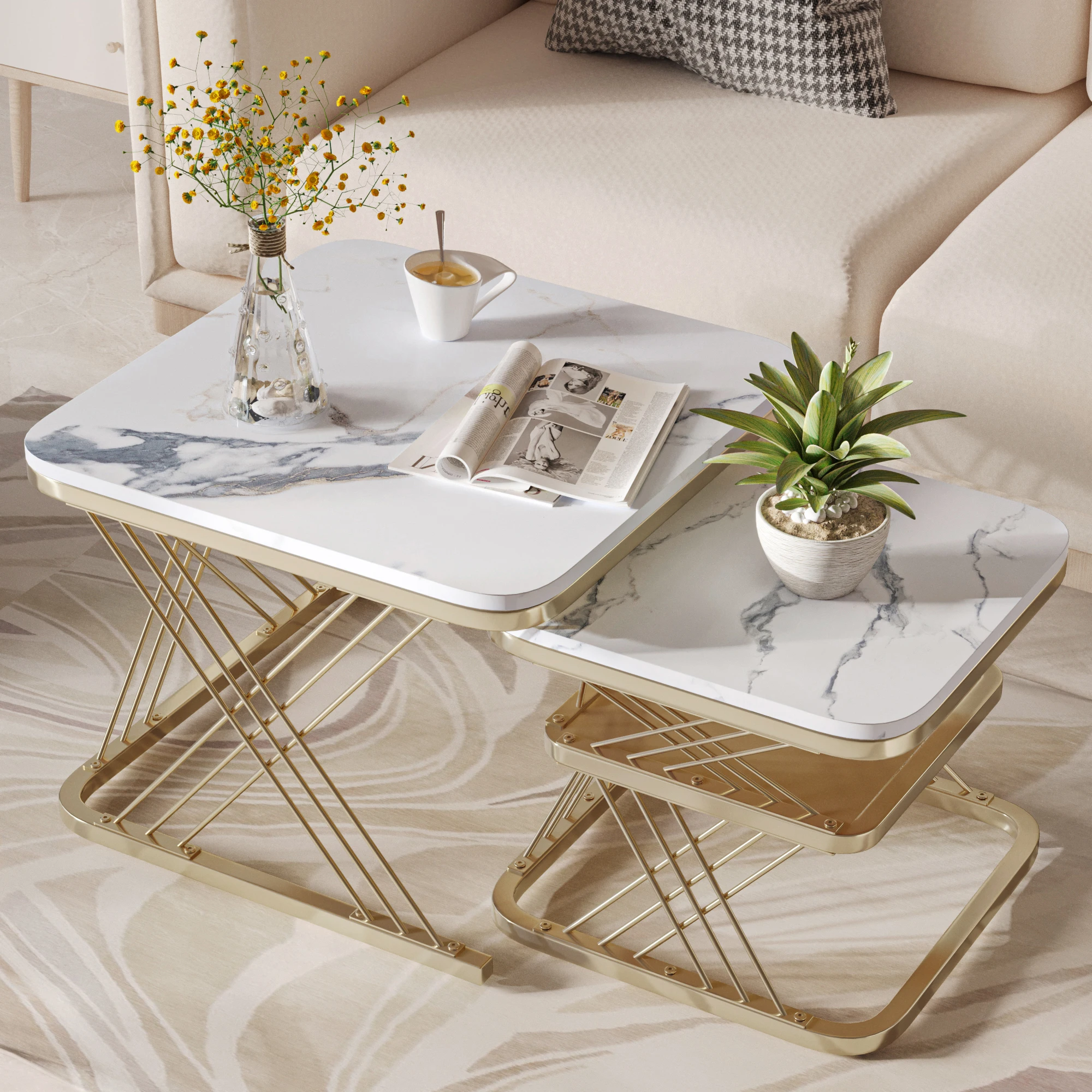 Rosahqnda 2er-Set Couchtisch,Tisch mit weißer Platte und goldener Beinstütze,seitlich eingelassener quadratischer Couchtisch Image