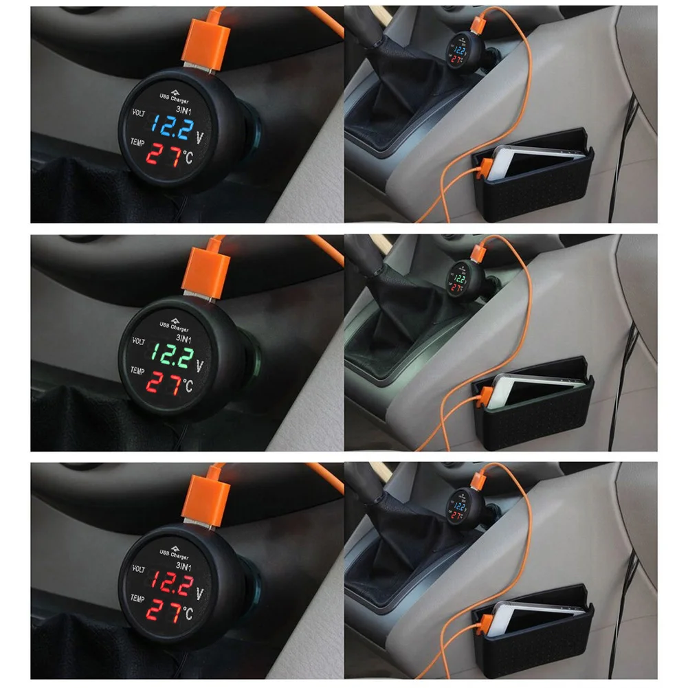 3-in-1 12/24 V Auto Auto Monitor Display USB Lade Ladegerät für Telefon Tablet GPS LED Digital Voltmeter Gauge Thermometer