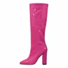 2024 neue Strass glänzende 9,5 cm dicke Ferse knielange Stiefel Mode Luxus Qualität elastische große Größe 34-43 spitze Damenschuhe