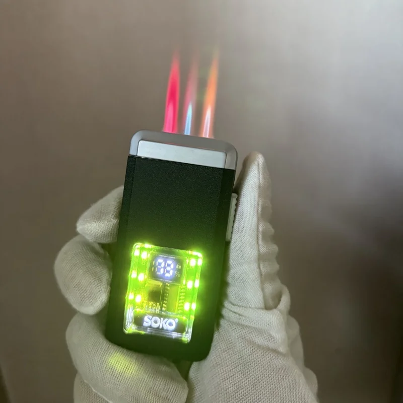 3-farbige, winddichte, flammige, sprachgesteuerte Zündung, Butangas-Feuerzeug, digitales Batteriedisplay, elektrische Feuerzeuge mit visuellem Gasfenster Image