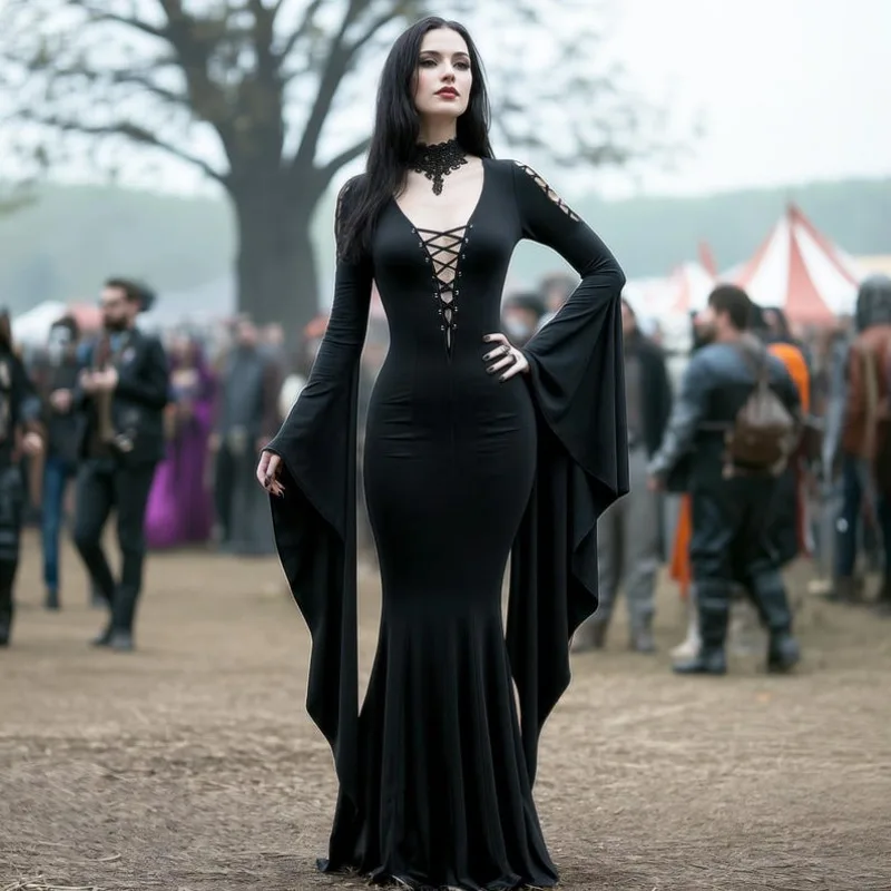 Mittelalterliche Gothic Hexe Cosplay Schwarzes Kleid Langarm Boden Zug Korsett Anzug Frauen Halloween Party Fantasy Kostüm Plus Größe Image