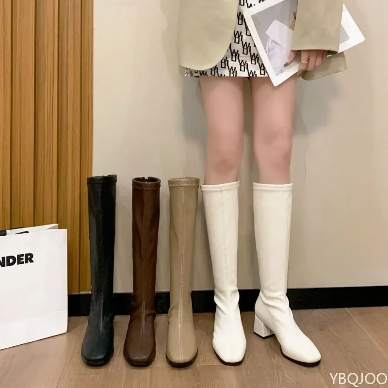 Elegante Damenstiefel, weiche Knieschuhe mit hohen Absätzen, modische, vielseitige Herbst-Winter-warme Schnee-Schuhe im neuen Stil mit dicken Absätzen