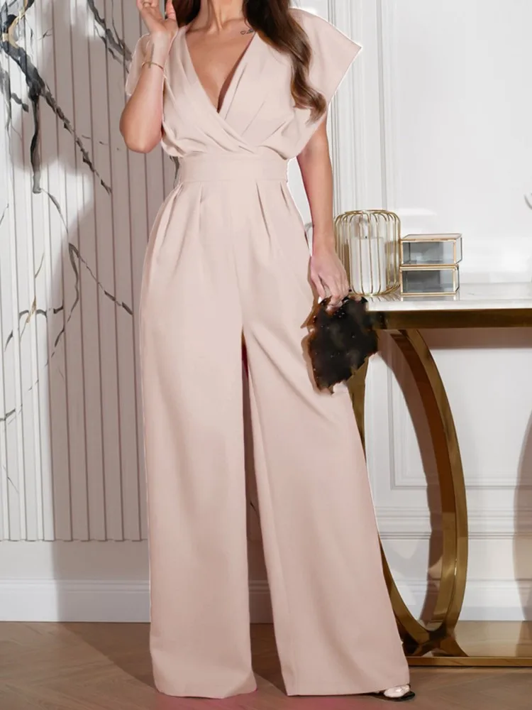 Neue Casual Mode Frau Overalls Sommer Einfarbig Kurzarm Hosen V-ausschnitt Taille Abnehmen Overall frauen Kleidung Image