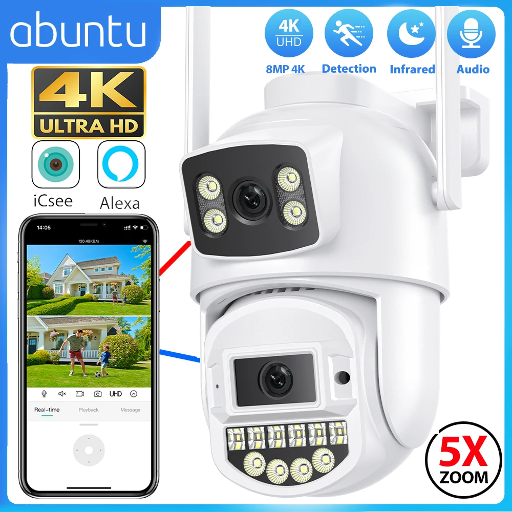ABUNTU 8MP 4K Dual Objektiv Dual Bildschirme Wifi Kamera HD ICSEE Outdoor Überwachung Kamera Menschlichen Erkennung Nachtsicht sicherheit CAM Image