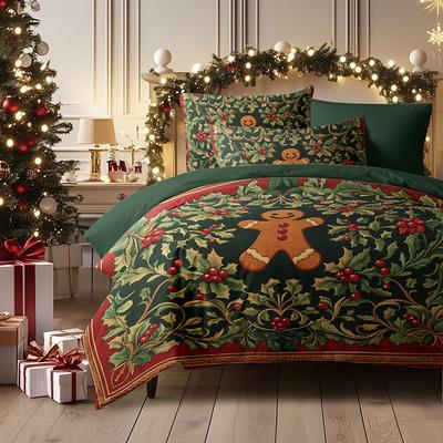 Gingerbread Man Duvet Cover Set Queen King Size 100% Cotton Christmas Comforter Set Full 3 Pieces Duvet Cover and Pillowcases Soft and Breathable for Kids and Adults Christmas Holiday Theme