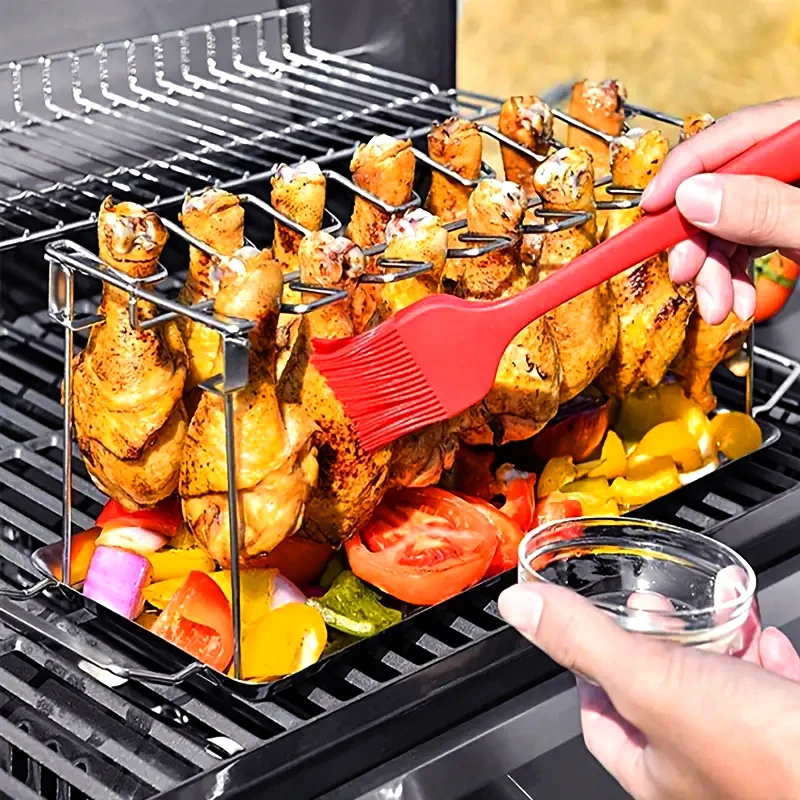 1Pc Pieghevole In Acciaio Inox Gamba di Pollo Wing Rack Gamba di Pollo Griglia BBQ Pollo Wing Rack Griglia Verticale per Fumatore Grill forno