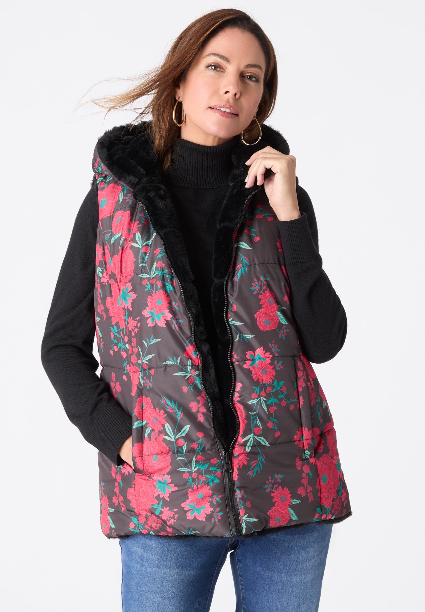 Plus Size Women's Plus Size 2-in-1 Puffer and Faux Fur Vest by Roaman's in Red Peony Garden (Size 18 W)