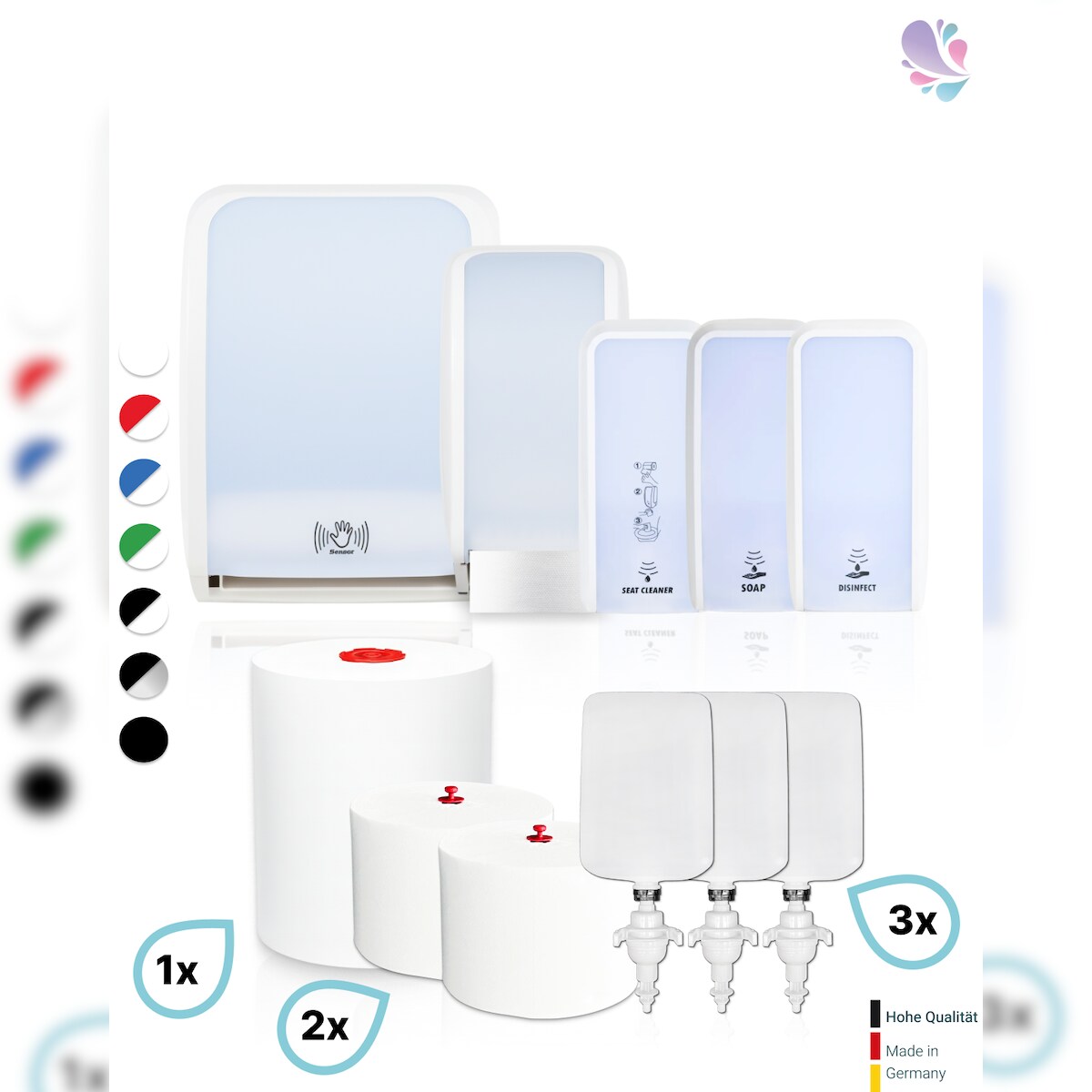 Blanc HYGIENIC HYGIENE-KOMPLETT-Set SENSOR: Handtuch-, Schaumseifen-, Desinfektions-, Toilettenpapierspender & Sitzreiniger inkl. Füllmittel Image
