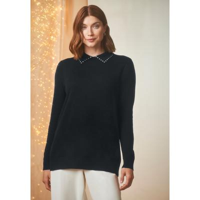 Plus Size Women's Fine Gauge Embellished Sweater by Jessica London in Black Rhinestone Collar (Size M)